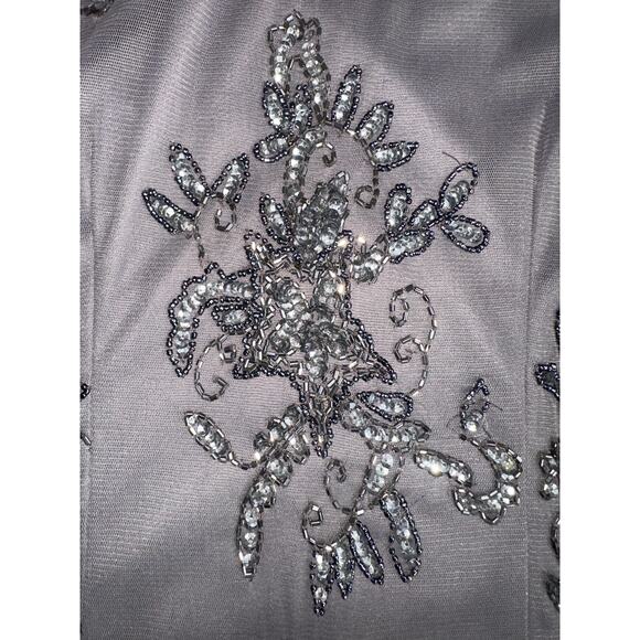 Dusty Violet Pisarro Nights Dress Gray Beaded Mesh 3/4 Sleeve Embellished Size 4 - Picture 14 of 15